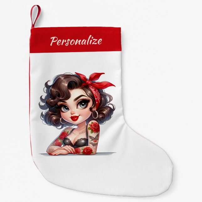 Cute Cartoon Glam Woman Rose Tattoos Pop Art Kleiner Weihnachtsstrumpf (Vorderseite)