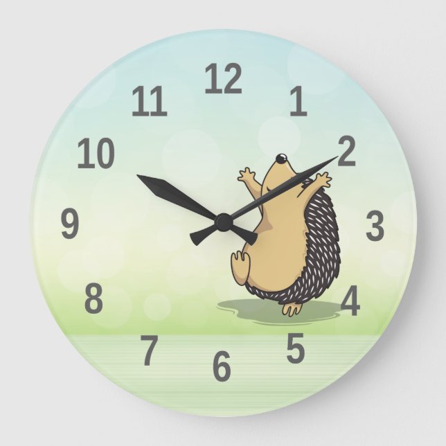 Cute Cartoon Hedgehog Green Numbers  Große Wanduhr (Vorderseite)