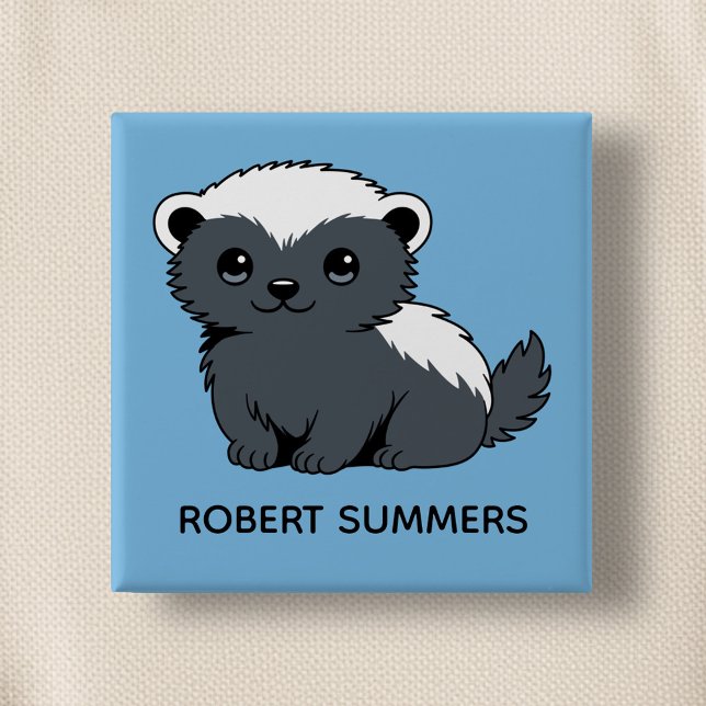 Cute Cartoon Honey Badger Custom Name Blue Button (Von Creator hochgeladen)