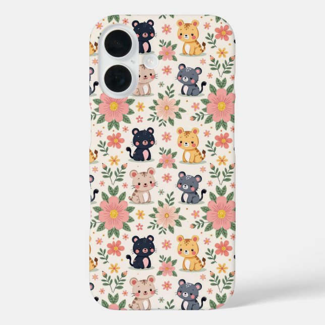 Cute Cartoon Jungle Cats and Flowers iPhone 16 Hülle (Rückseite)