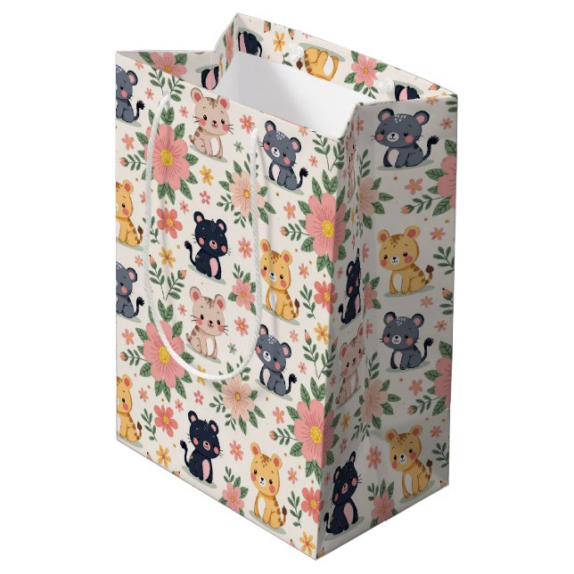 Cute Cartoon Jungle Cats and Flowers Mittlere Geschenktüte (Rückseite Schrägansicht)