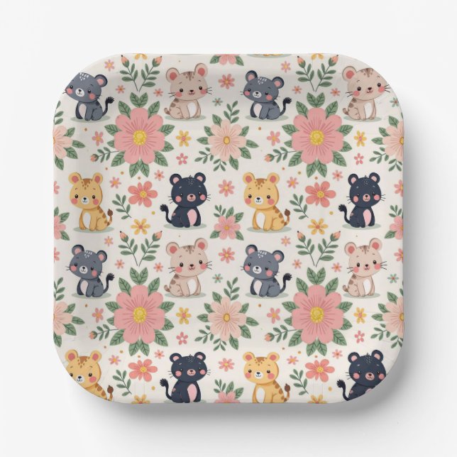 Cute Cartoon Jungle Cats and Flowers Pappteller (Vorderseite)