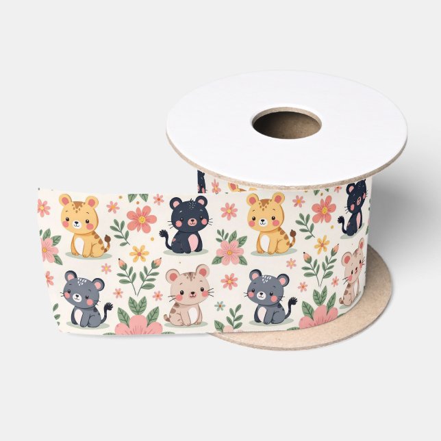 Cute Cartoon Jungle Cats and Flowers Satinband (Spule)