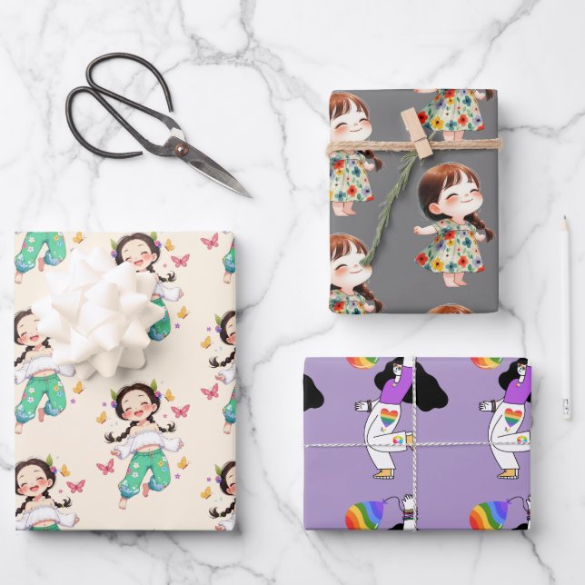 Cute Cartoon Kids & Rainbow Characters Geschenkpapier Set (Vorderseite)
