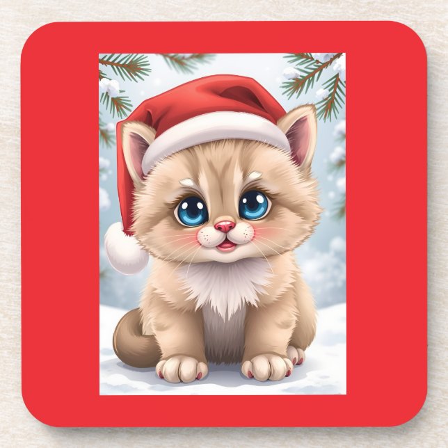 Cute cartoon kitten Christmas fun Getränkeuntersetzer (Vorderseite)