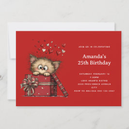 Cute Cartoon Kitten in a Box with Hearts Birthday Einladung