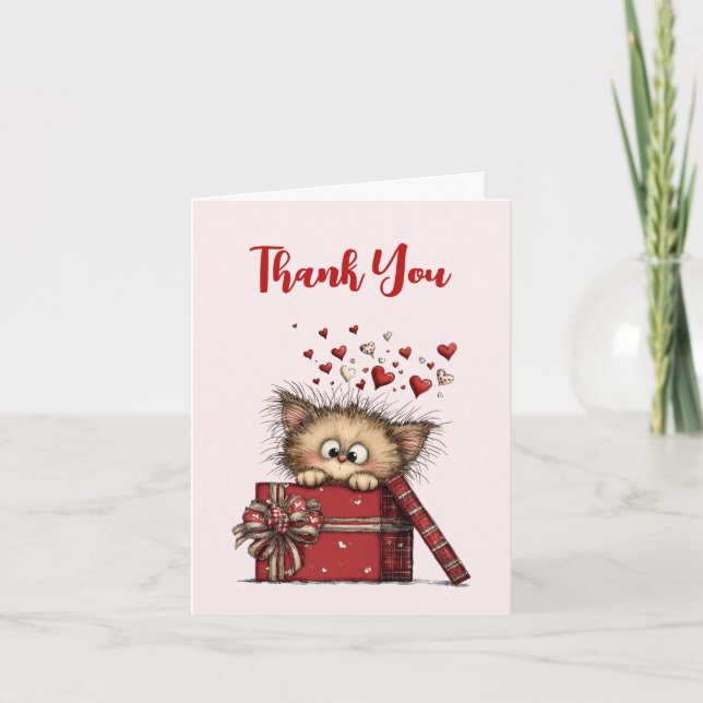 Cute Cartoon Kitten in a Box with Hearts Dankeskarte (Vorderseite)