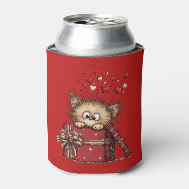 Cute Cartoon Kitten in a Box with Hearts Dosenkühler (Kanne Vorderseite)