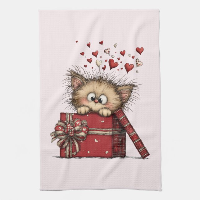 Cute Cartoon Kitten in a Box with Hearts Geschirrtuch (Vertikal)