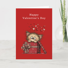 Cute Cartoon Kitten with Hearts Valentine's Day Feiertagskarte