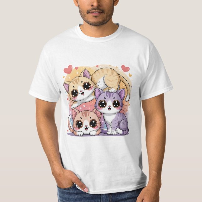 Cute Cartoon Kitty Trio with Hearts T-Shirt (Vorderseite)
