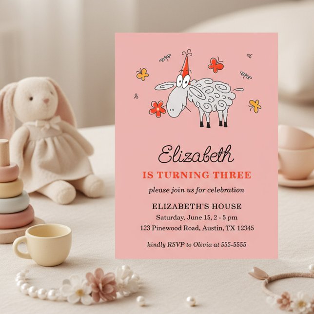Cute Cartoon Lamb Girl Third Birthday Party Einladung (Von Creator hochgeladen)