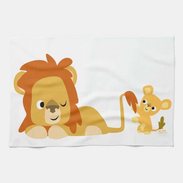 Cute Cartoon Lion Papa et Cub Serviette de cuisine (Horizontal)