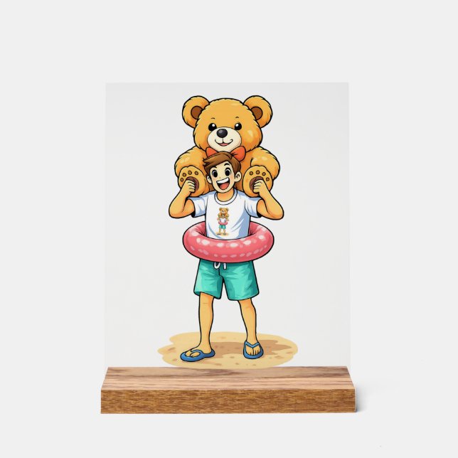 Cute Cartoon Man with Giant Teddy Bear Summer Fun Acrylschild (Vorderseite)