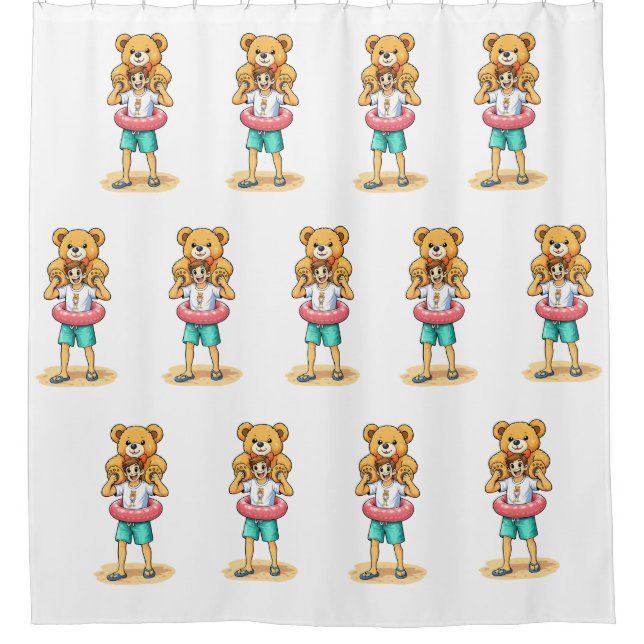 Cute Cartoon Man with Giant Teddy Bear Summer Fun Duschvorhang (Vorderseite)