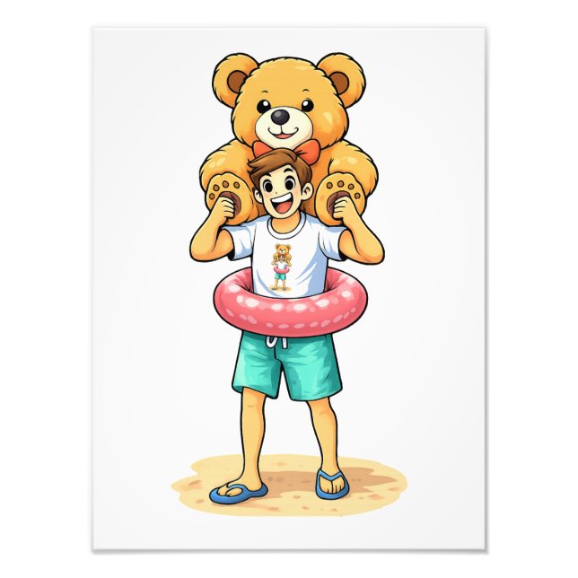 Cute Cartoon Man with Giant Teddy Bear Summer Fun Fotodruck (Vorne)