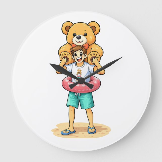 Cute Cartoon Man with Giant Teddy Bear Summer Fun Große Wanduhr (Vorderseite)