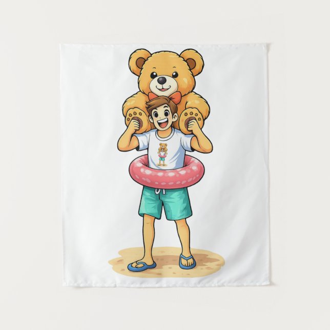 Cute Cartoon Man with Giant Teddy Bear Summer Fun Wandteppich (Vorderseite)