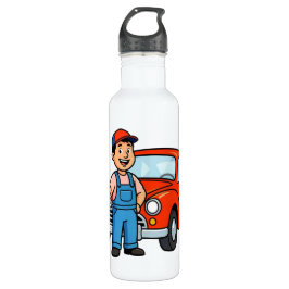 Cute Cartoon Mechanic with Red Car Illustration Edelstahlflasche