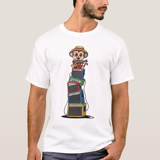 Cute Cartoon Monkey Rocker Playing Ukulele T-Shirt (Vorderseite)