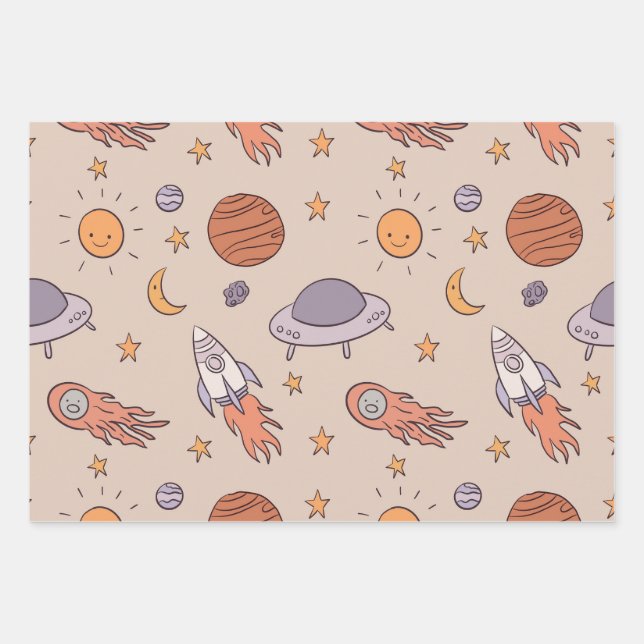Cute Cartoon Outer Space Seamless Pattern Design Geschenkpapier Set (Vorderseite)