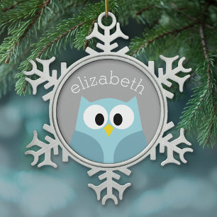 Cute Cartoon Owl - Blue and Gray Custom Name Schneeflocken Zinn-Ornament