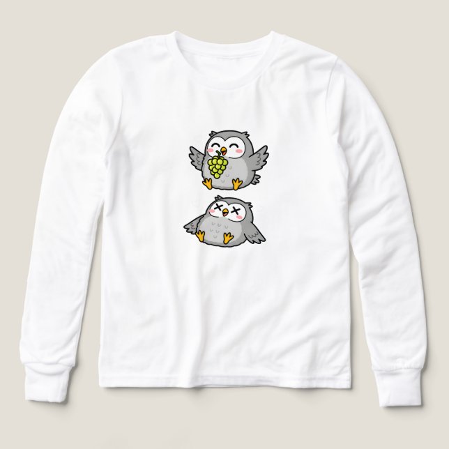Cute Cartoon Owls Eating Grapes Funny Gray Owl (Design Vorderseite)