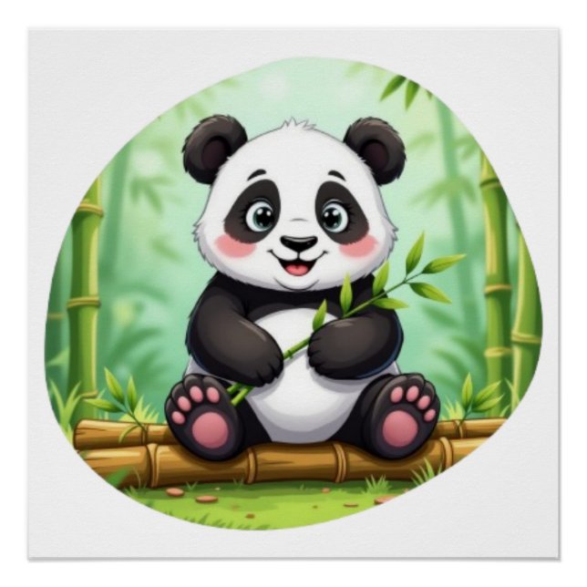 Cute Cartoon Panda on Bamboo Patch Poster (Vorderseite)