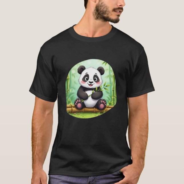 Cute Cartoon Panda on Bamboo Patch T-Shirt (Vorderseite)
