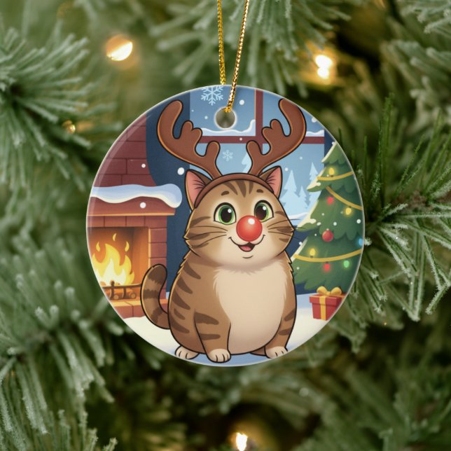 Cute Cartoon Reindeer Kitty Rudolph Cat Christmas  Keramik Ornament (Baum)