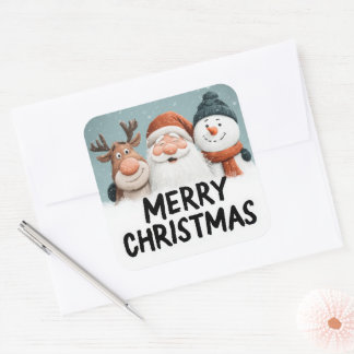 Cute Cartoon Santa Reindeer Snowman Merry Xmas Quadratischer Aufkleber