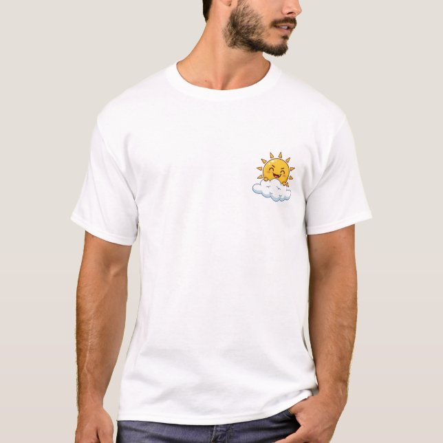 Cute Cartoon Smiling Sun Peeking Over Fluffy Cloud T-Shirt (Vorderseite)