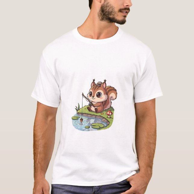 Cute Cartoon Squirrel Fishing with Acorn in Pond T-Shirt (Vorderseite)