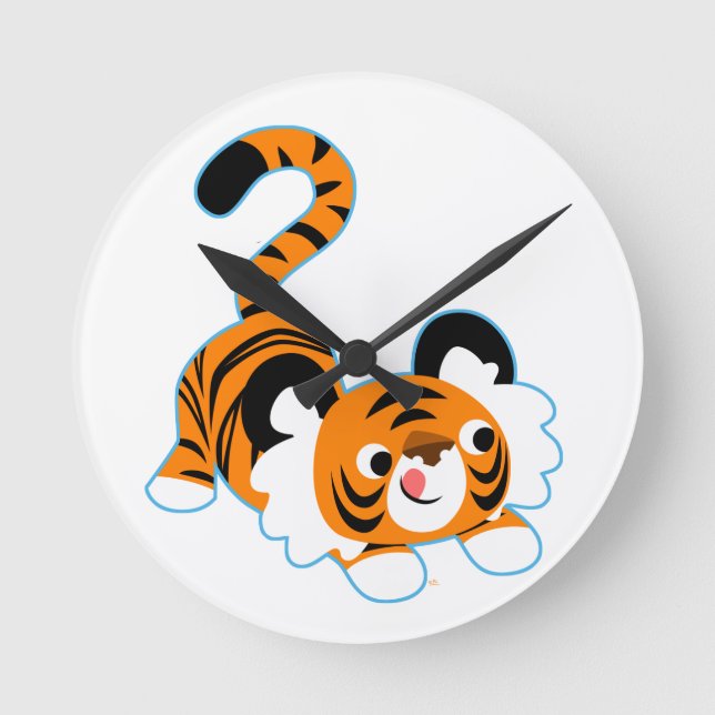 Cute Cartoon Tiger Ready To Play Runde Wanduhr (Vorderseite)