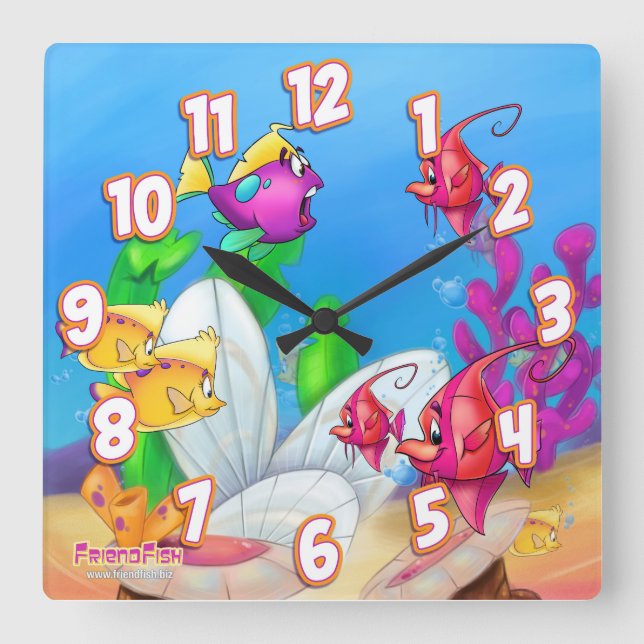 Cute cartoon wall clock fish quadratische wanduhr (Vorderseite)