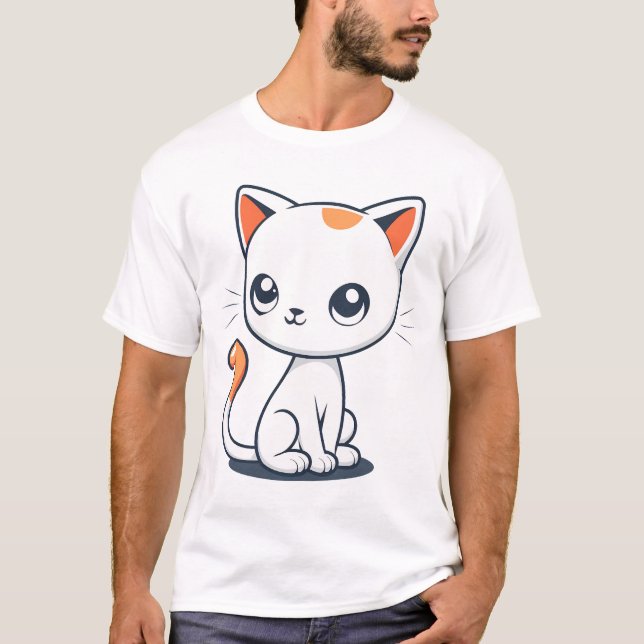 Cute Cartoon White Cat Illustration T-Shirt (Vorderseite)