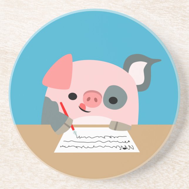 Cute Cartoon Writing Pig Coaster Sandstein Untersetzer (Vorne)