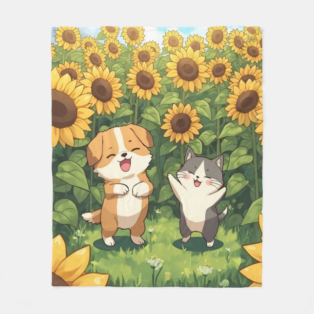 Cute Cat and Dog Sunflower Fleece Blanket (Vorderseite)
