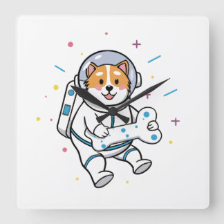 Cute Cat Astronaut in Space Wall Clock Quadratische Wanduhr