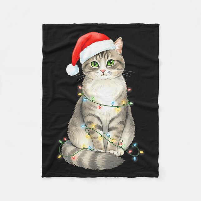 Cute Cat Christmas Lights Santa Hat Snow Holiday A Fleecedecke (Vorderseite)