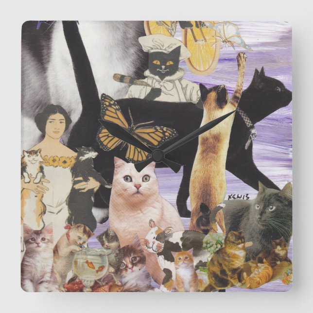 Cute Cat Collage 4 Quadratische Wanduhr (Vorderseite)