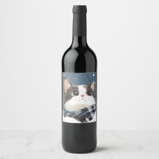 Cute cat cozy winter snow weinetikett