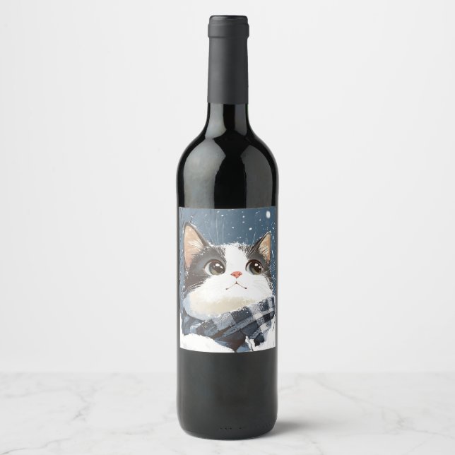 Cute cat cozy winter snow weinetikett (Vorderseite)
