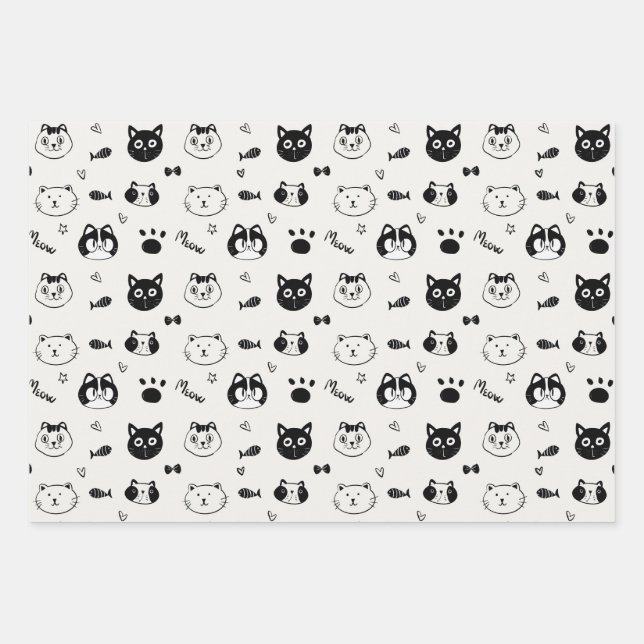 Cute Cat Doodle Pattern – Black and White Cat Face Geschenkpapier Set (Vorderseite)