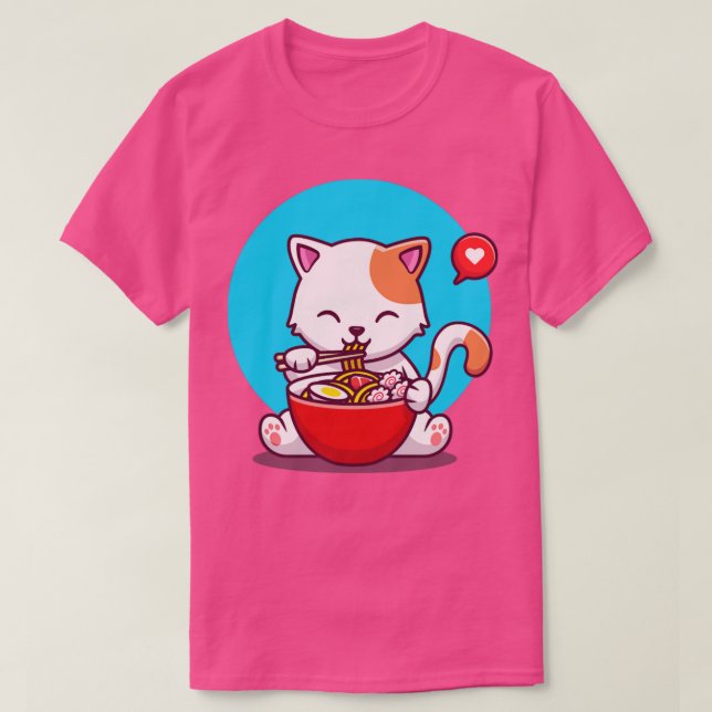 Cute Cat Eating Noodle With Chopstick T-Shirt (Design vorne)