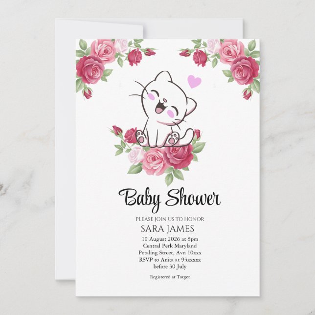 Cute Cat Floral Baby Shower Invitation Einladung (Vorderseite)