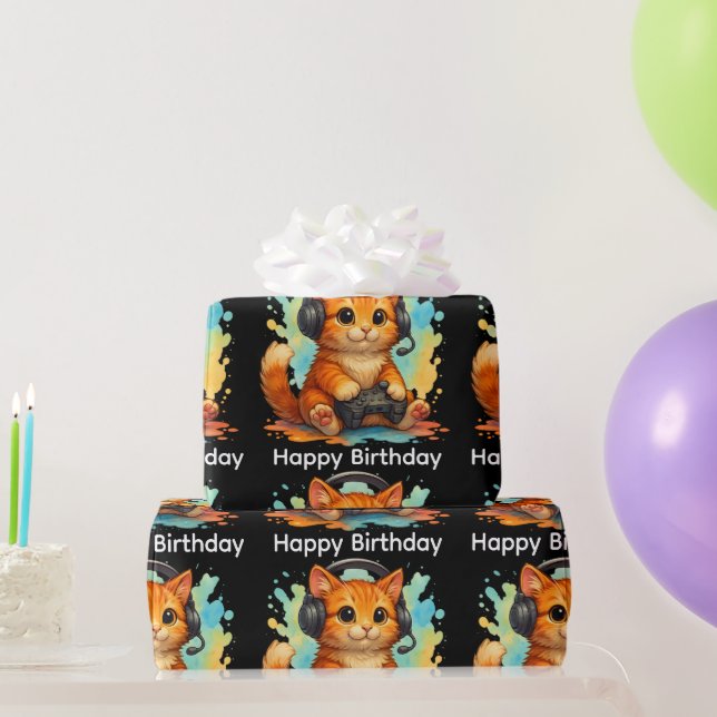 cute cat gamer birthday gift wrapping paper  geschenkpapier (Partygeschenke)