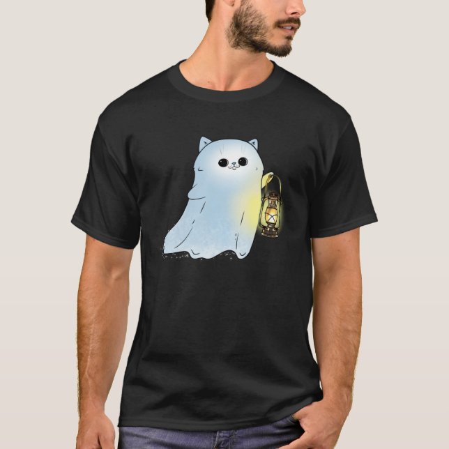 Cute Cat Ghost With Lantern Spook Phantom Hallowee T-Shirt (Vorderseite)