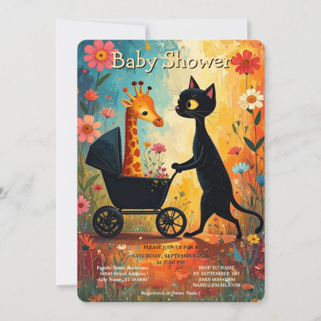 Cute Cat Giraffe Baby Shower Invitation Einladung (Vorderseite)