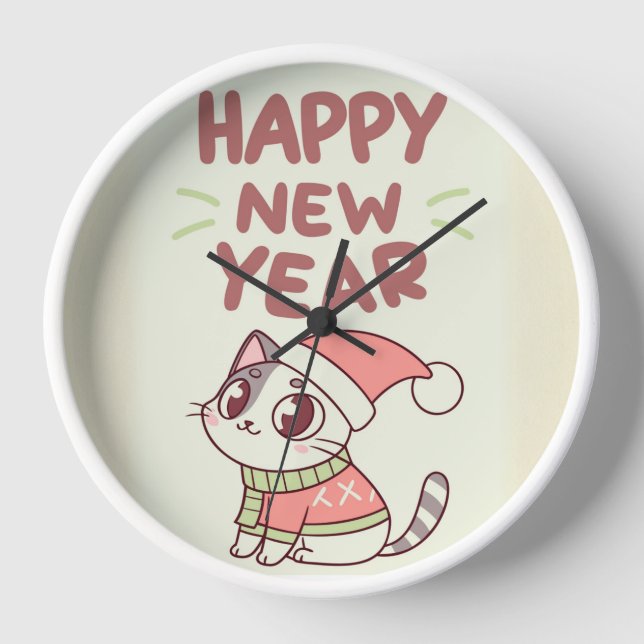 cute cat happy new year clock uhr (Vorderseite)